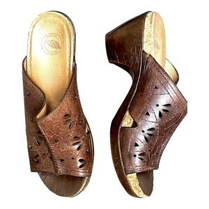 NURTURE Billie brown leather laser cut out open toe slip-on cork bed sandals.